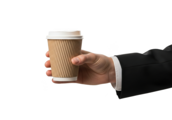 Hand holding coffee cup mockup, disposable coffee cup, coffee to go, takeaway coffee, business man isolated on transparent background