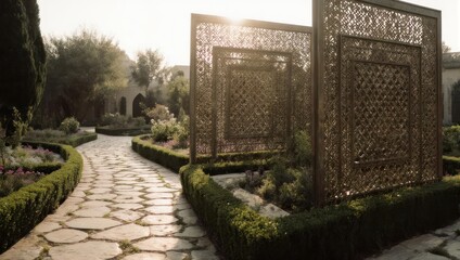 Obraz premium Sunlit Garden Path with Ornate Screens and Lush Greenery.