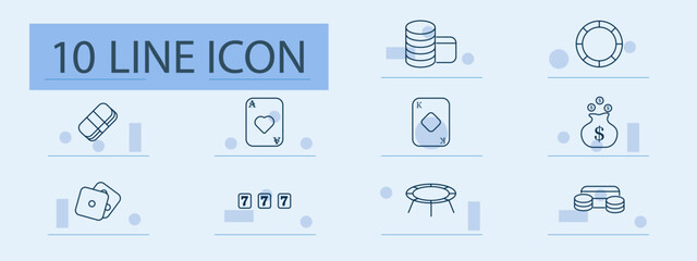 Casino set icon. Stack, chip, cards, dollar, king, bag, dice, slot, board, tokens. Gamble, profit, risk, bet, chance, luck, fortune, prize, money, entertainment.