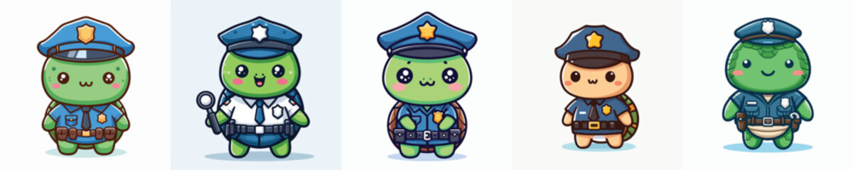 Cute Turtle Police Officer Mascot Set – Kawaii Law Enforcement Character Illustration for Kids and Stickers