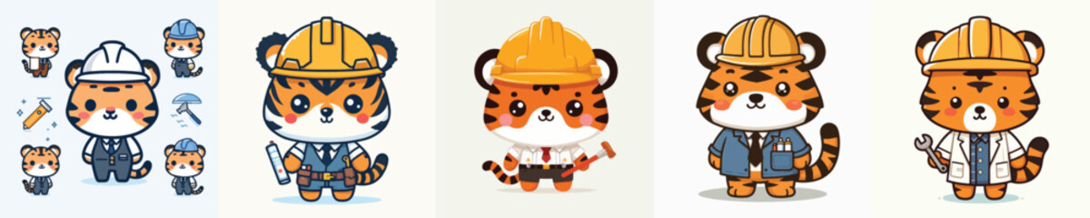 Cute Builder Tiger Mascot in Construction Outfit Holding Tools – Kawaii Engineering Character Vector