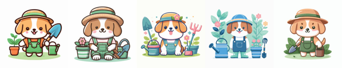 Fototapeta premium Cute Gardening Dog Mascot Collection – Adorable Puppy Farmer with Plants and Tools Cartoon Vector Set