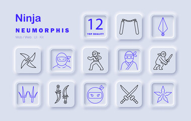 Ninja set icon. Mask, sword, nunchaku, throwing star, daggers, pose, duel, twin blades, stealth, eyes, shuriken, motion martial arts with weapons, speed, disguise, combat, agility.