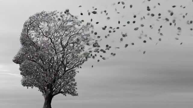 Aging mind and memory loss concept: Abstract human head tree losing leaves, symbolizing cognitive decline, dementia, and mental health.