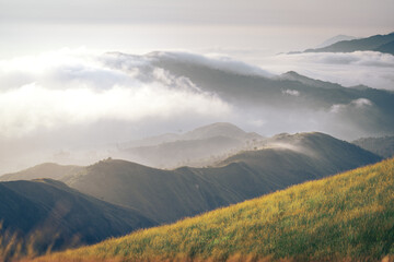 Mountain Range view point in Myanmar (Burma) with sea of cloud (Mulayit Taung) and sunrise