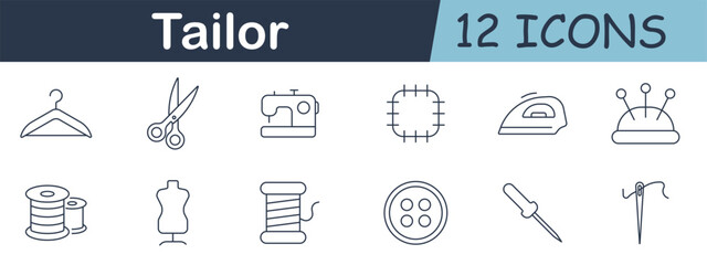 Tailor set icon. Clothes hanger, scissors, sewing machine, patch, iron, pincushion, thread rolls, mannequin, spool, button, needle, dropper, stitching items.