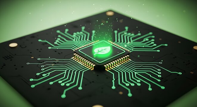 Green computing and eco-friendly technology. Sustainable energy and environmental resource management. Glowing leaf symbol on a microchip processor connected by neon circuits