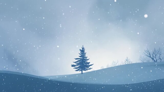 A single pine tree stands on a snowy hill under a soft, falling snow