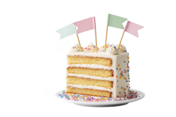 Delicious layered birthday cake slice with sprinkles and flags, festive celebration dessert, party treat, sweet confection isolated on transparent background