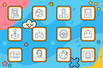 Game set icon. Arcade, dice, award, console, joystick, controller, wheel, ghost, headset, education globe, gaming screen. Entertainment, digital play, leisure, technology.