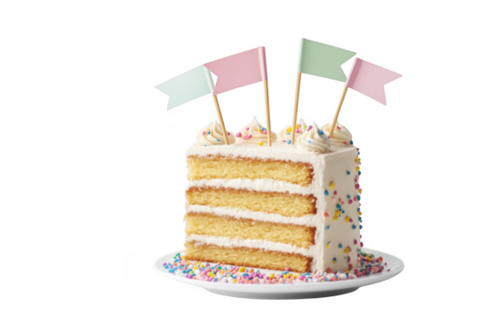 Delicious layered birthday cake slice with sprinkles and flags, festive celebration dessert, party treat, sweet confection isolated on transparent background