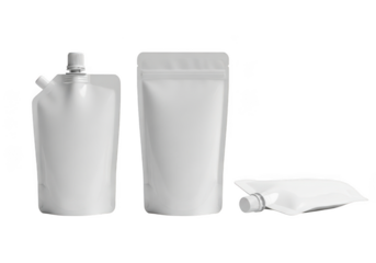 Three white stand up spout pouch mockups for liquid packaging, food storage, and product presentation on transparent background isolated on transparent background