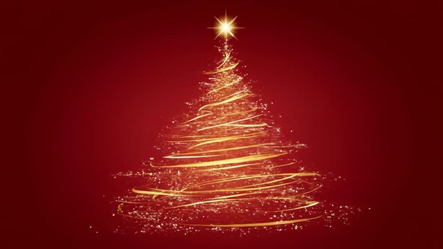 Golden Christmas tree with a bright star on top on a maroon colored backdrop