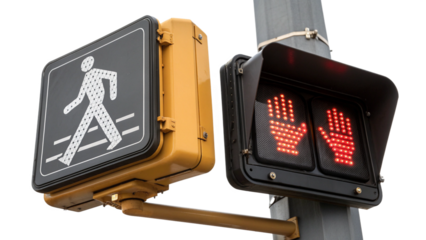 Red hand symbol on a pedestrian crossing signal indicating do not walk, isolated on transparent background