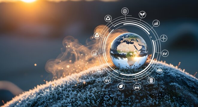 Environmental social governance and global sustainability. Renewable energy and eco-friendly earth protection. Earth globe with icons surrounded by a futuristic ring on a frosty landscape