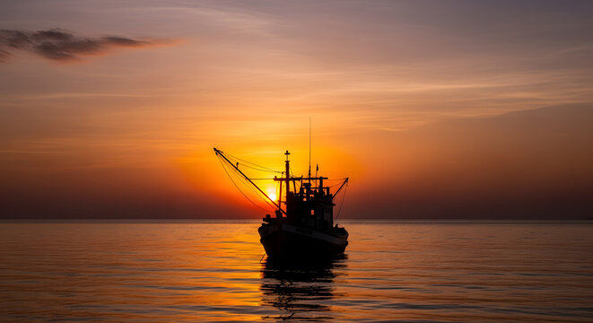 The dark silhouette of a traditional fishing trawler is framed by a stunning golden and orange sunset over a calm sea