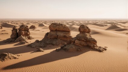 Surreal Desert Landscape - Rock Formations and Sand Dunes in Arid Environment.