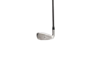 Golf iron club angled against a black background, isolated close-up shot