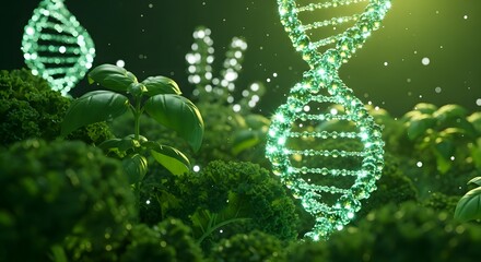 Genetic engineering and plant biotechnology research. Food science and agricultural innovation. Glowing green DNA helix structures over healthy green crops in a field