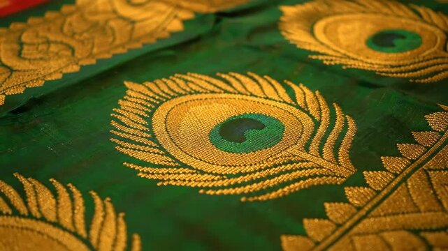 Elegant Indian Saree Fabric with Golden Peacock Feather Motifs for Festive Occasions and Cultural Celebrations