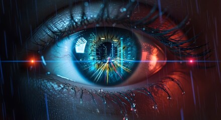 Artificial intelligence and biometric eye scanner. Futuristic surveillance and digital security system. Extreme close-up of an eye reflecting a glowing high-tech city