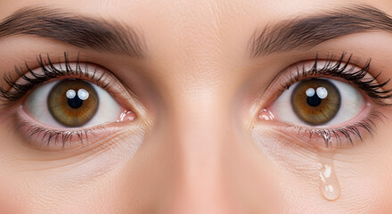 Obraz premium An extreme close-up of a woman's beautiful brown eyes shows a single tear drop rolling down her cheek expressing sadness