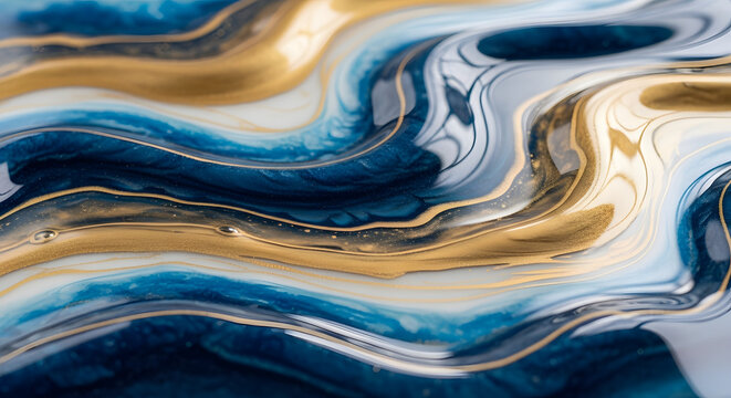 An elegant abstract background of swirling blue white and gold liquid paint creating a luxurious marbled texture