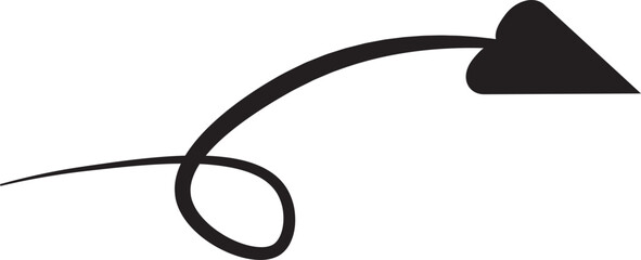 A bold, hand-drawn vector doodle arrow with a thick, curving tail that ends in a decorative swirl or loop. Indicates direction, movement, or a playful element.
