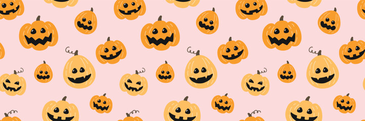 Cute Halloween pattern with hand drawn pumpkin lanterns. Seamless texture design. Vector illustration