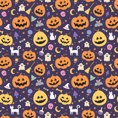 Cute Halloween pattern with hand drawn icons. Seamless texture design. Vector illustration