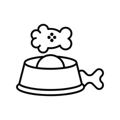 A dog bowl with food and a boneshaped treat above it. Icon line style editable stroke