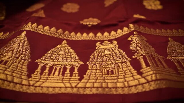 Elegant Indian Traditional Silk Saree with Temple Border and Intricate Golden Zari Work for Festive Occasions