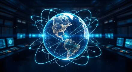 Global network communication and internet connectivity. Worldwide data security and digital system monitoring. Holographic Earth globe spinning in a futuristic control room