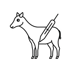 A line art drawing depicts a deer with a large syringe inserted into its side. Icon line style editable stroke
