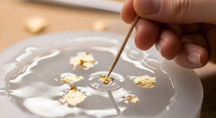 A crafter's hand carefully places delicate gold leaf flakes into clear epoxy resin using a toothpick for a handmade project
