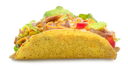 Mexican chicken meat taco, corn-based tortilla with chicken meat and diced fresh vegetables filling isolated.