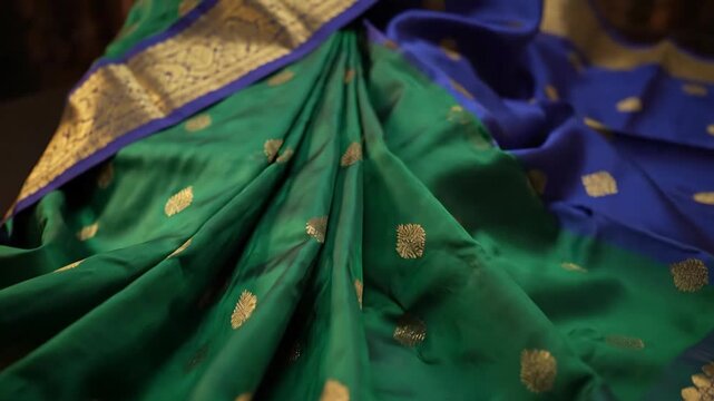 Elegant Silk Saree in Emerald Green and Royal Blue with Gold Zari Border for Festive Occasions