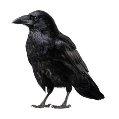 Fototapeta premium Png of a majestic black raven standing tall isolated on transparent background, showcasing its sleek feathers and sharp beak