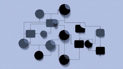 Flowchart or flowchart with a light blue background. it consists of multiple black circles connected by thin white lines.