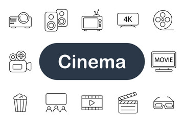 Cinema set icon. Camera, projector, film reel, screen, clapperboard, popcorn, TV, 4K, glasses, audience, play, movie, sound, speaker, monitor, entertainment, art, video, storytelling, performance
