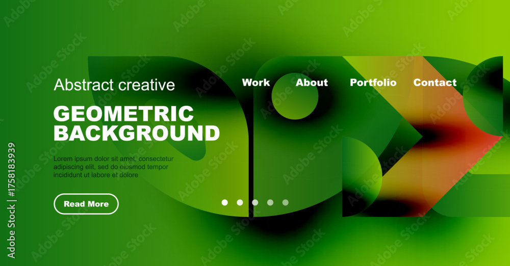 Wall mural Abstract green background features geometric shapes, text elements, navigation menu. Modern design suitable for website header or banner.