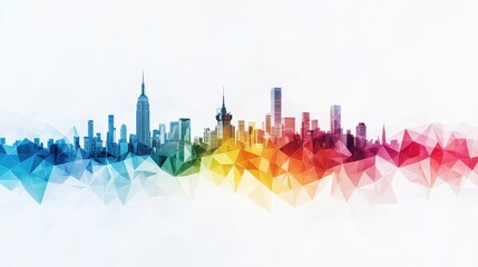 Obraz premium Abstract representation of a city skyline with geometric shapes and colors: A creative interpretation of a cityscape using bold, colorful geometric shapes, evoking energy and vibrancy,