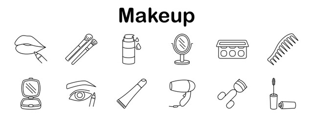 Makeup set icon. Lipstick, brushes, lotion bottle, mirror, palette, comb, powder case, eyeliner, cream tube, hair dryer, sponge, mascara tube displayed in outline form.