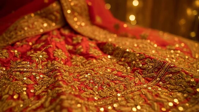 Indian Saree with Intricate Gold Embroidery, Red Fabric, and Festive Bokeh Lighting for Cultural Celebrations