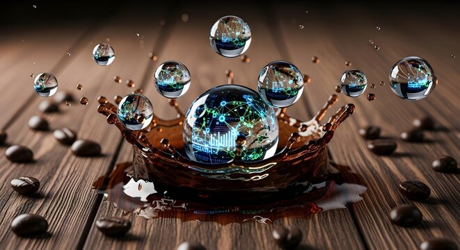 Energizing coffee splash with futuristic tech sphere and floating data bubbles, perfect for a modern tech startup or innovative coffee brand marketing - Powered by Adobe