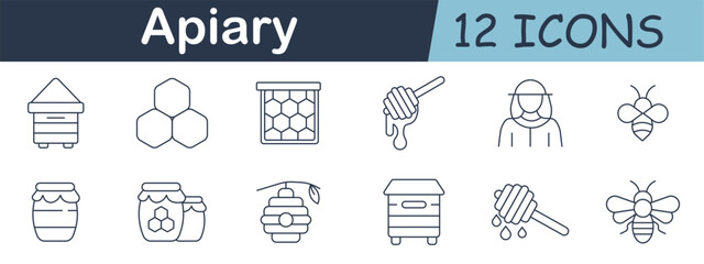 Apiary set icon. Hive, honeycomb, frame, jar, dipper, beekeeper, hanging hive, bee, dripping dipper, and minimal hexagonal symbols in beekeeping outline style.