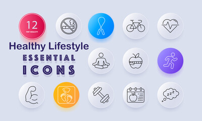 Healthy lifestyle set icon. No smoking, jump rope, bicycle, heart rate, yoga pose, apple with tape, running figure, muscle arm, baby feet, dumbbell, meal calendar, sleep bubble