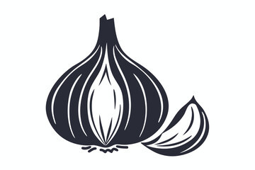 An onion rests beside a halved corn on the cob in bold monochrome