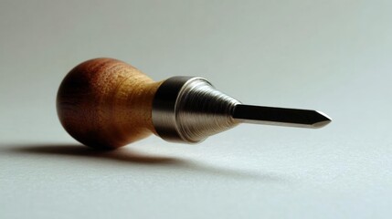 Close-up of a small wooden handle with a metal tip. the handle is made of a light-colored wood with a smooth finish. the metal tip is silver in color and has a pointed end.