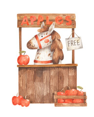 Cartoon horse at autumn harvest festival wooden counter with apples. Cute horse. Symbol of New 2026 Year. Hand-drawn watercolor illustration. Template for greeting card